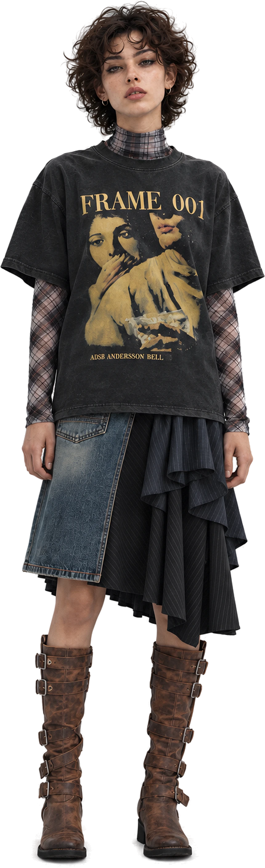 Frame 001 T-shirt with asymmetric denim and pinstripe skirt