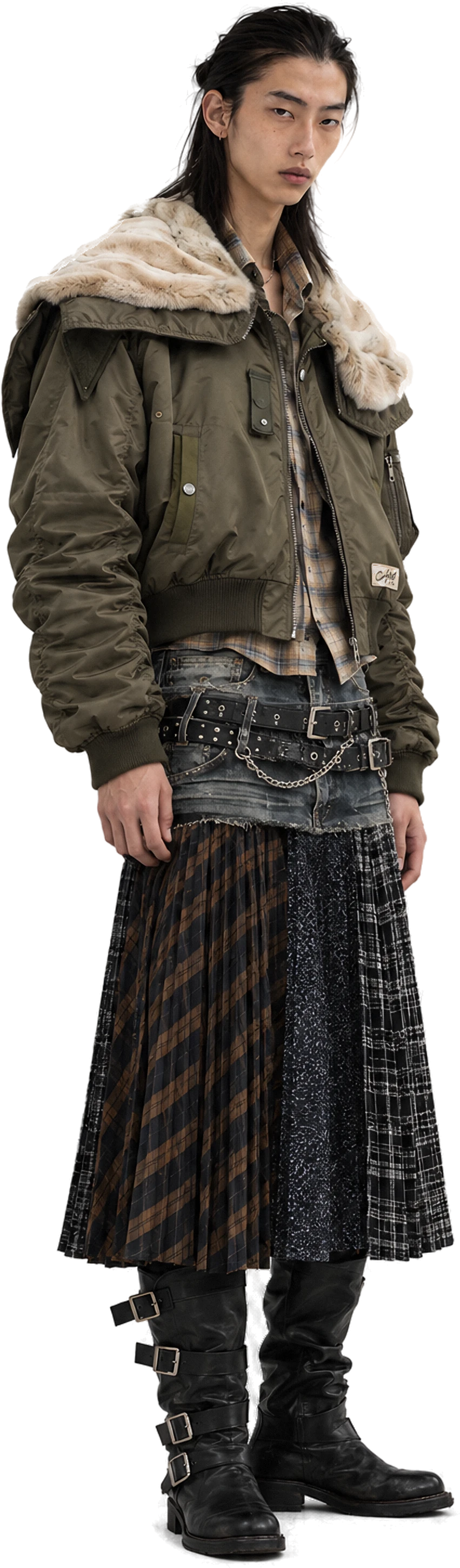 The bomber worn with a plaid flannel shirt and a patchwork pleated skirt