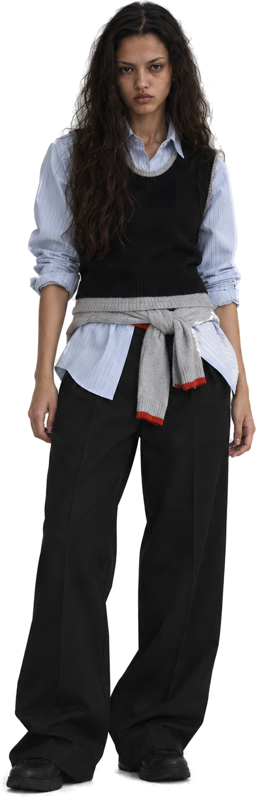 Look 02 full length: striped oxford shirt, ribbed knit vest, knit tied at the waist, wide pleated trousers