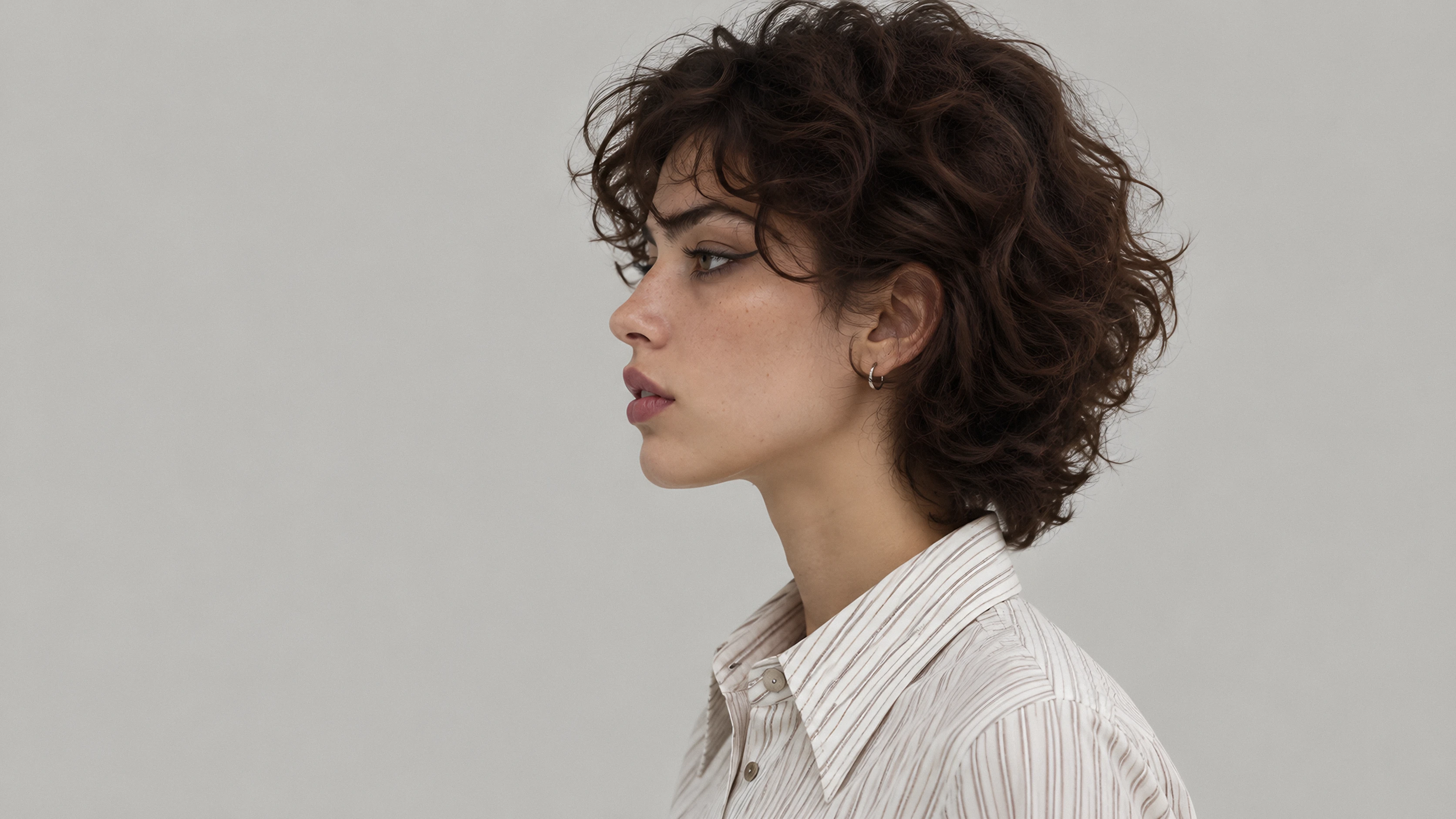 Profile portrait in a cream pinstripe shirt